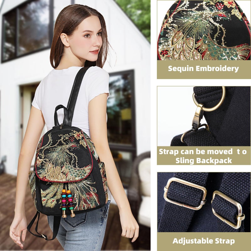 Goodhan Vintage Phoenix Sequins Embroideried Women Backpack Daypack Travel Shoulder Bag One_Size Style 01: Black - Image 3